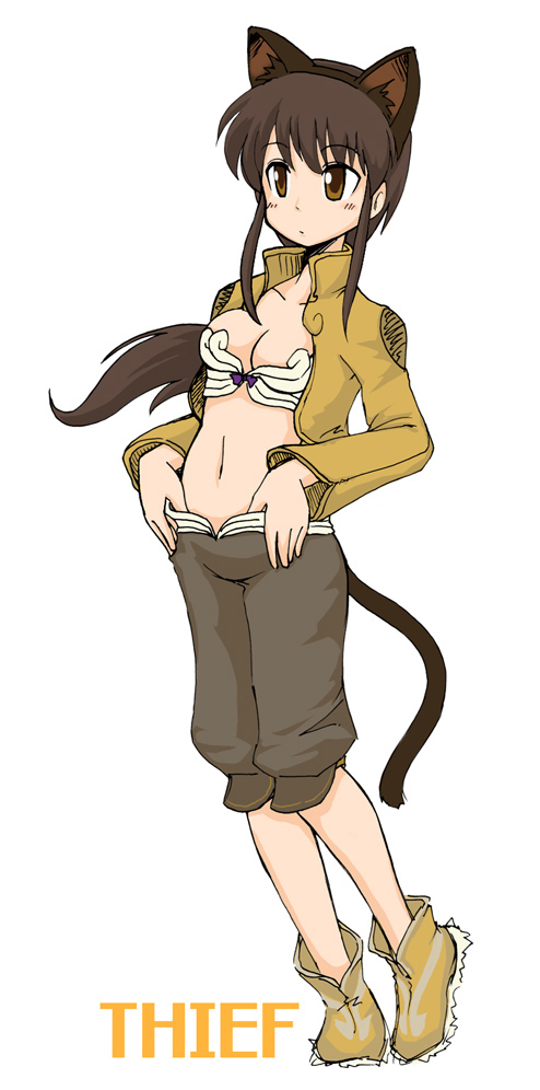 yazuma666, thief (ragnarok online), ragnarok online, commentary request, 1girl, 2000s (style), animal ears, bra, breasts, brown eyes, brown hair, brown shirt, brown shoes, cat ears, cat tail, character name, cleavage, closed mouth, expressionless, fake animal ears, fake tail, full body, grey shorts, long hair, long sleeves, looking afar, medium breasts, navel, open clothes, open shirt, shirt, shoes, shorts, sidelocks, simple background, solo, standing, tail, thumb in beltline, underwear, white background, white bra