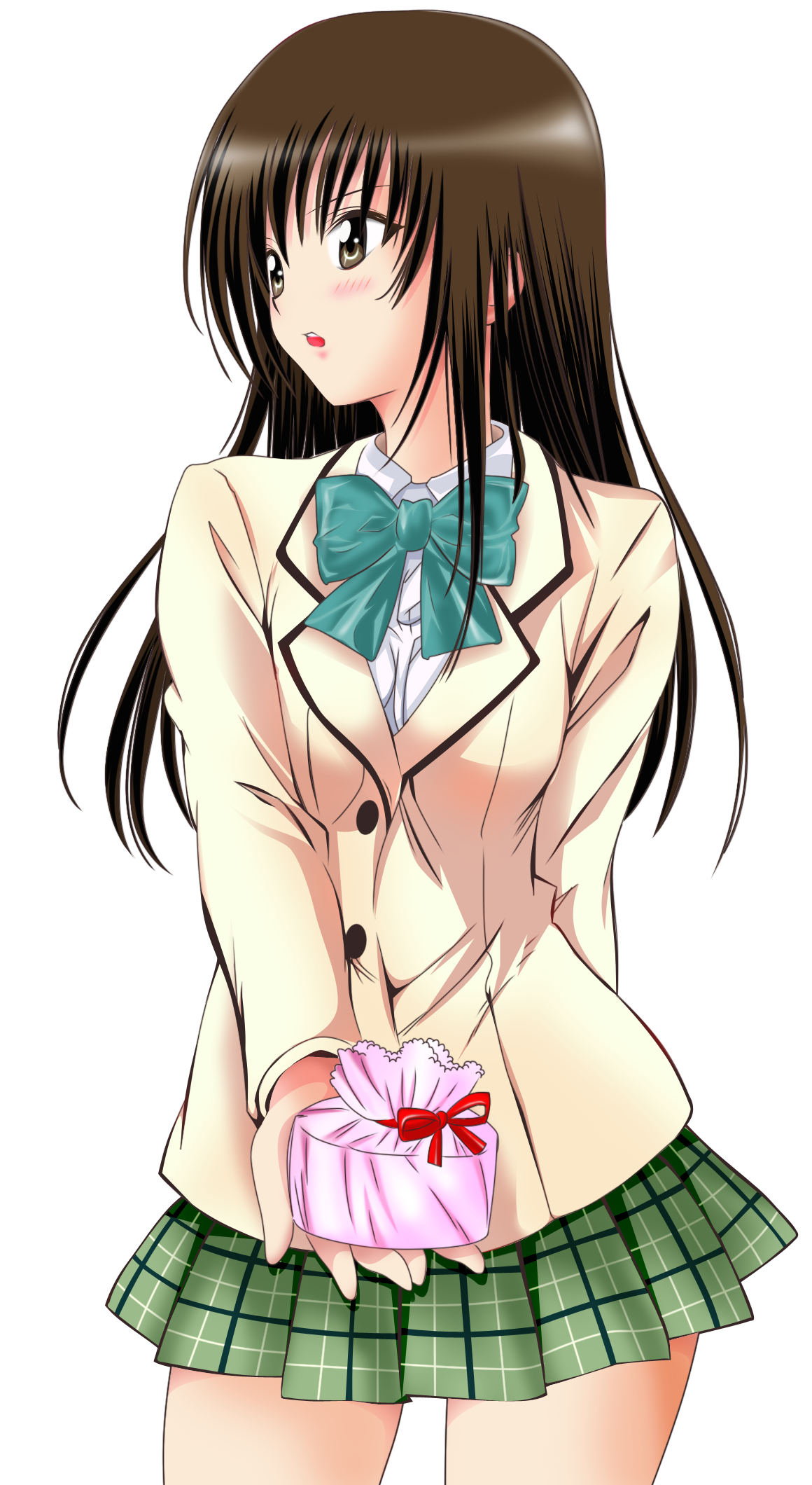 kotegawa yui, to love-ru, derivative work, highres, non-web source, vector trace, 00s, 1girl, blazer, blush, brown eyes, brown hair, embarrassed, female focus, gift, holding, holding gift, jacket, long hair, miniskirt, plaid clothes, plaid skirt, pleated skirt, ribbon, school uniform, skirt, solo, transparent background, tsundere, valentine