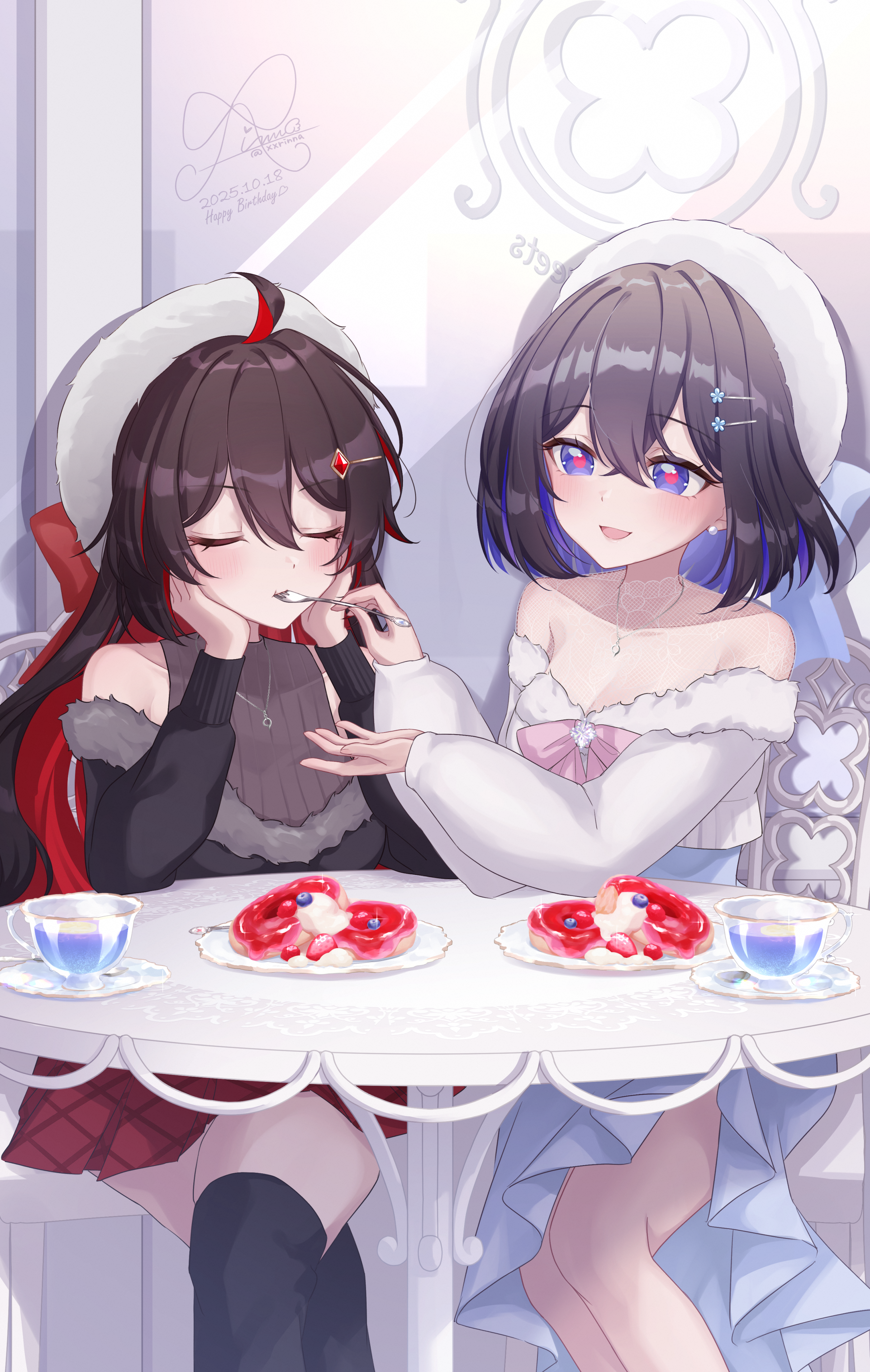 rinna (xxrinna), seele (alter ego), seele vollerei, honkai (series), honkai impact 3rd, absurdres, commentary request, highres, 2girls, ahoge, bare shoulders, black hair, black shirt, black thighhighs, blue eyes, blue hair, breasts, colored inner hair, crossed legs, cup, dress, dual persona, feeding, food, hat, jewelry, long hair, medium breasts, multicolored hair, multiple girls, necklace, red hair, red skirt, shirt, short hair, sitting, skirt, smile, table, thighhighs, thighs, two-tone hair, very long hair, white dress, white hat