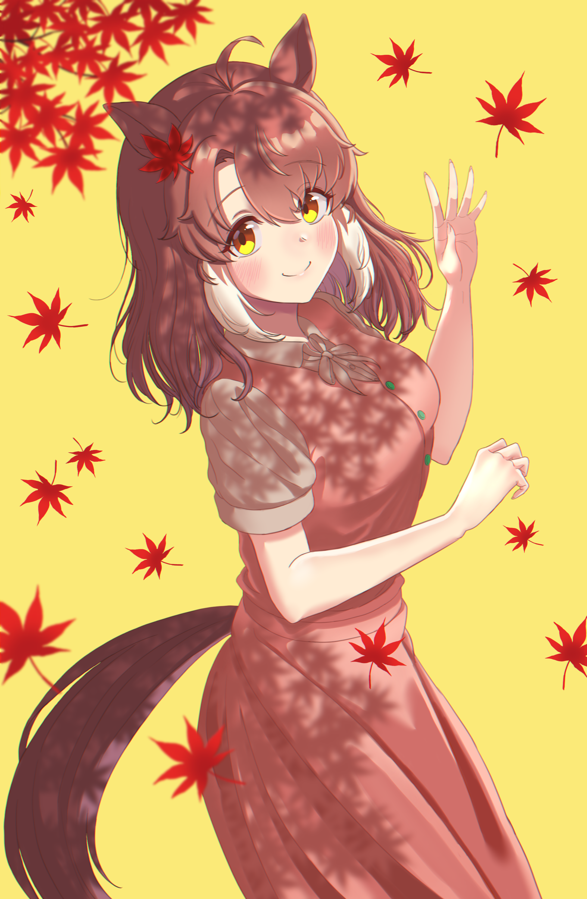 418tiger, dantsu flame (umamusume), umamusume, absurdres, highres, 1girl, ahoge, alternate costume, animal ears, autumn leaves, breasts, brown eyes, brown hair, dappled sunlight, dress, ear ornament, falling leaves, horse ears, horse girl, large breasts, leaf, looking at viewer, maple leaf, multicolored hair, pink dress, short sleeves, simple background, smile, solo, sunlight, white hair, yellow background