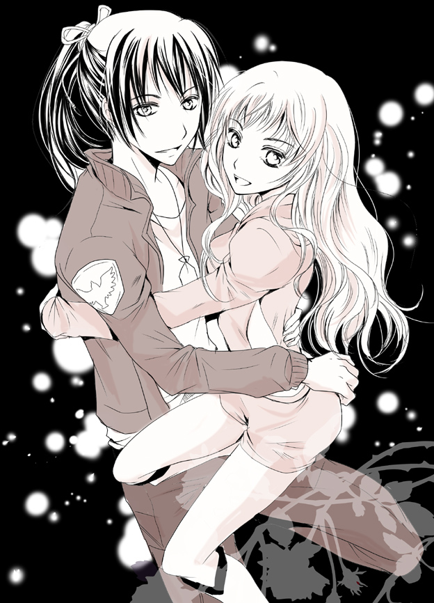 akebi (kakuri), saotome alto, sheryl nome, macross, macross frontier, bad id, bad pixiv id, 00s, 1boy, 1girl, couple, hetero, hug, monochrome, pink theme