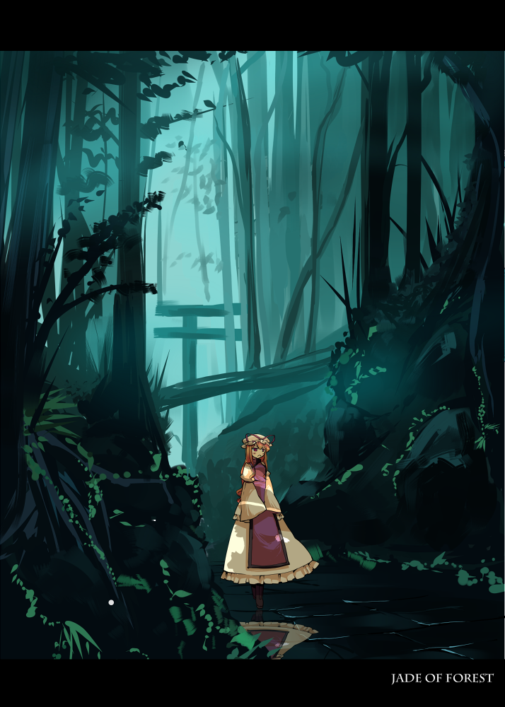garnet, yakumo yukari, touhou, 1girl, blonde hair, english text, female focus, forest, hat, letterboxed, nature, reflection, ribbon, scenery, solo, tabard, torii, white hat