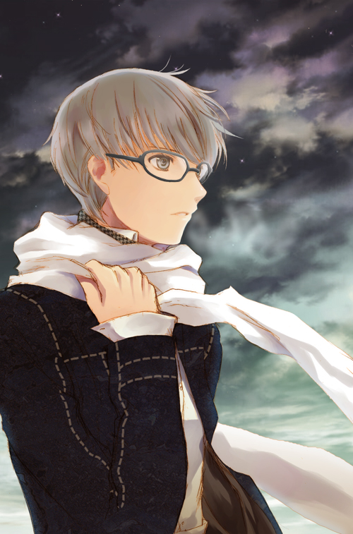 seiru (prairie), narukami yu, atlus, persona, persona 4, 1boy, glasses, male focus, scarf, school uniform, solo