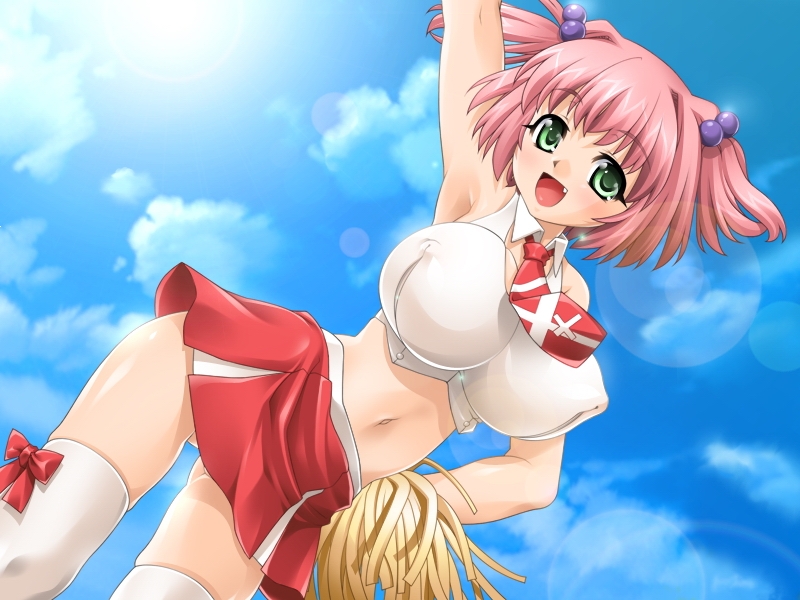 sumisumi, akizawa kurumi, kurumi akizawa, shinshoku 2, shinshoku 2 ~inma no ikenie~, touchable, game cg, 1girl, armpits, breast expansion, breasts, cheerleader, covered erect nipples, dutch angle, female focus, green eyes, huge breasts, impossible clothes, impossible shirt, midriff, necktie, pink hair, shirt, solo, thighhighs, white thighhighs