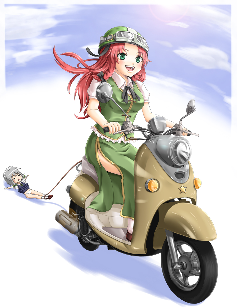 mochi.f, hong meiling, izayoi sakuya, touhou, vehicle, bad id, bad pixiv id, 2girls, blush, breasts, female focus, full body, green eyes, hat, motor vehicle, multiple girls, outdoors, panties, red hair, ribbon, scooter, skirt, sky, underwear, white background