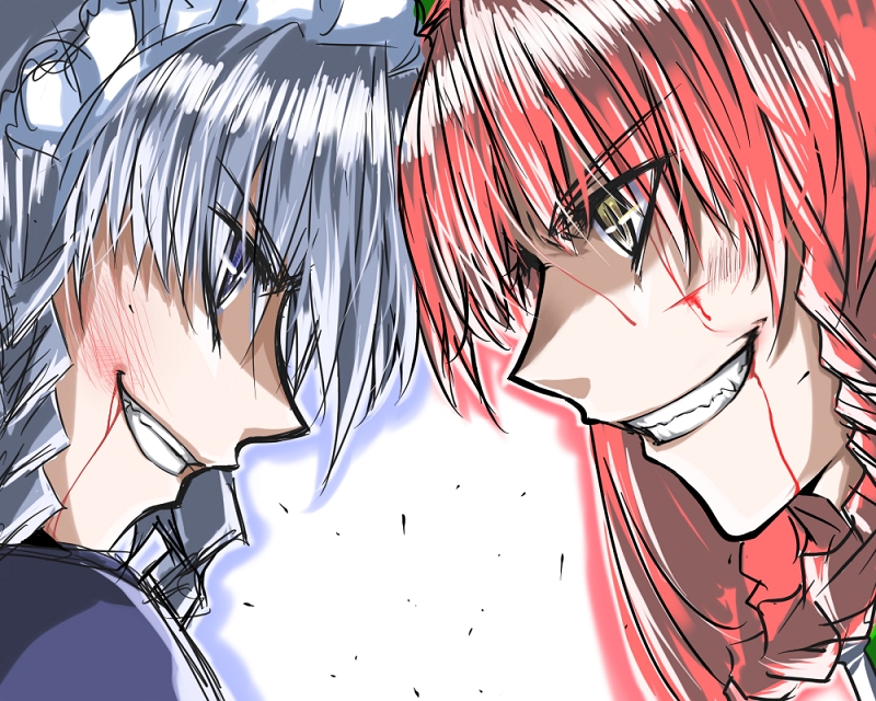 haruichi (komikal), hong meiling, izayoi sakuya, immaterial and missing power, touhou, silver hair, 2girls, bleeding, blood, blue eyes, female focus, grin, injury, multiple girls, red hair, short hair, smile, white background, yellow eyes