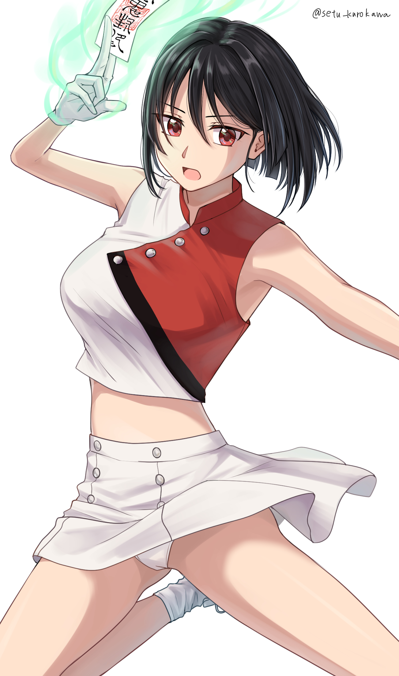 setu kurokawa, original, commission, highres, pixiv commission, 1girl, artist name, black hair, breasts, cheerleader, cropped shirt, gloves, hair between eyes, large breasts, looking at viewer, midriff, panties, red eyes, shirt, short hair, simple background, skirt, sleeveless, sleeveless shirt, socks, solo, thighs, twitter username, underwear, watermark, white background, white gloves, white panties, white skirt, white socks