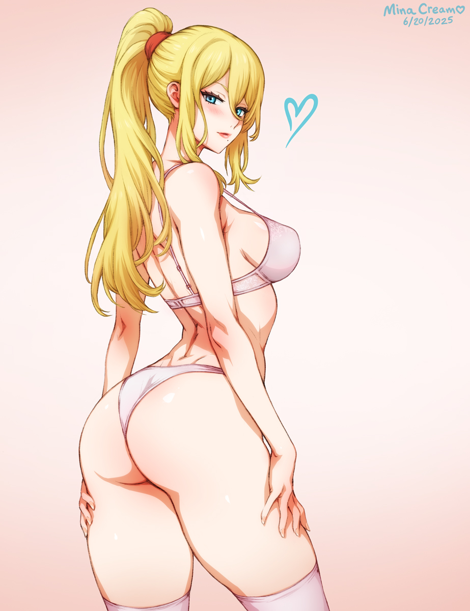 mina cream, samus aran, metroid, nintendo, highres, 1girl, ass, back, blue eyes, bra, breasts, cowboy shot, from behind, heart, high ponytail, large breasts, long hair, looking at viewer, looking back, panties, pink background, ponytail, sidelocks, solo, strap gap, thighhighs, underwear, underwear only, white bra, white panties, white thighhighs