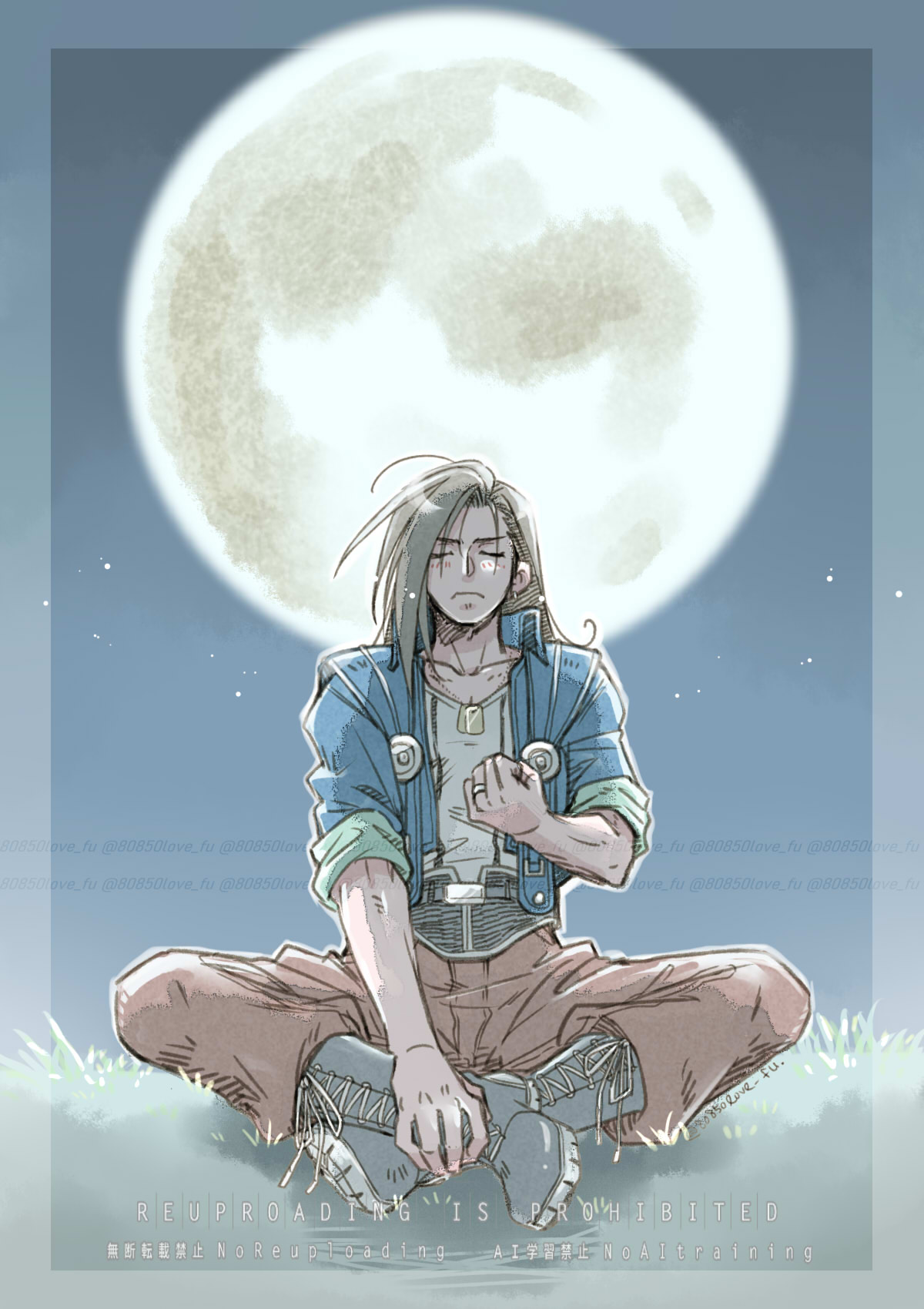 80850love fu, laguna loire, final fantasy, final fantasy viii, highres, 1boy, belt, black belt, black boots, black hair, blue jacket, boots, brown pants, clenched hand, closed eyes, closed mouth, dog tags, full body, full moon, grey boots, indian style, jacket, jewelry, long hair, male focus, moon, pants, ring, shirt, sitting, sleeves rolled up, solo, white shirt