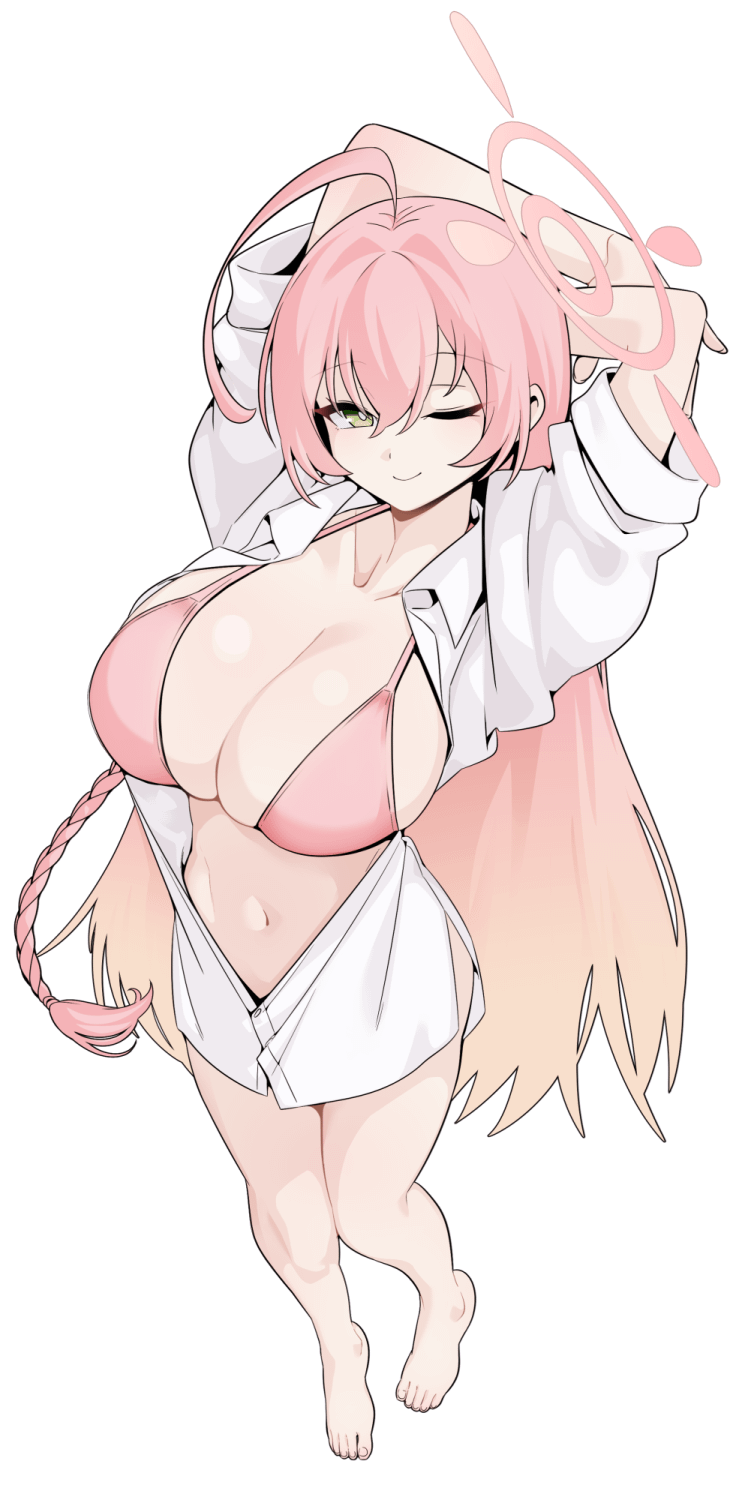 noiimad, hanako (blue archive), hanako (swimsuit) (blue archive), highres, 1girl, barefoot, bikini, bikini under clothes, feet, full body, green eyes, halo, navel, no shoes, official alternate costume, one eye closed, oversized clothes, oversized shirt, partially unbuttoned, pink bikini, pink hair, pink halo, shirt, simple background, solo, swimsuit, toes, white background