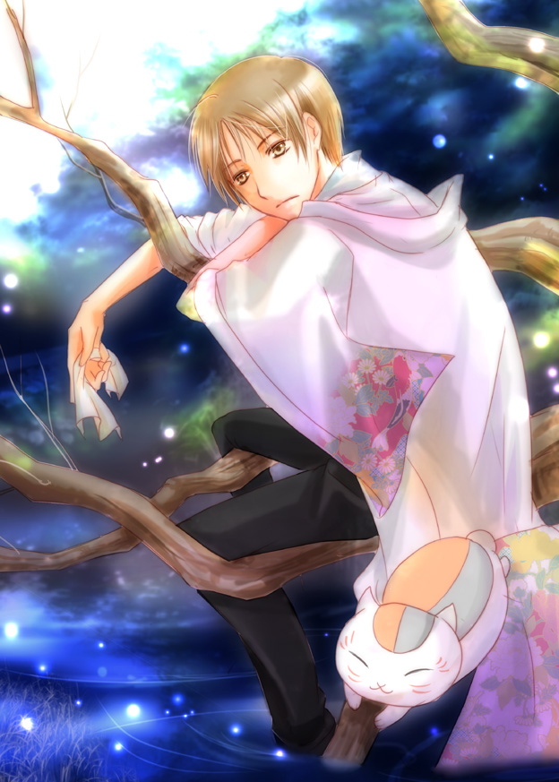 akebi (kakuri), natsume takashi, nyanko-sensei, natsume yuujinchou, 00s, 1boy, blonde hair, cloak, from side, in tree, looking at viewer, looking back, looking to the side, male focus, outdoors, plant, pond, sitting, solo, tree, water