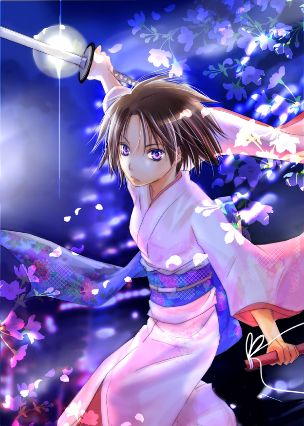 akebi (kakuri), ryougi shiki, kara no kyoukai, bad id, bad pixiv id, 1girl, blue eyes, brown hair, female focus, flower, full body, holding, holding sword, holding weapon, japanese clothes, katana, kimono, looking at viewer, sash, sheath, short hair, solo, sword, weapon