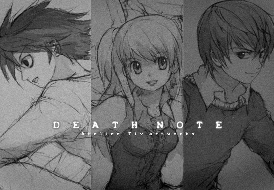 tiv, amane misa, l (death note), pina (sao), death note, archived source, commentary request, korean commentary, 1girl, 2boys, artist name, breasts, closed mouth, collarbone, collared shirt, copyright name, cross, cross earrings, dress, earrings, english text, from side, grey background, grey theme, greyscale, hair between eyes, hair tie, jewelry, latin cross, long hair, looking ahead, looking at viewer, medium breasts, monochrome, multiple boys, open mouth, profile, shirt, shirt under sweater, short hair, sidelocks, smile, solid circle pupils, sweater, tongue, twintails, upper body, wing collar
