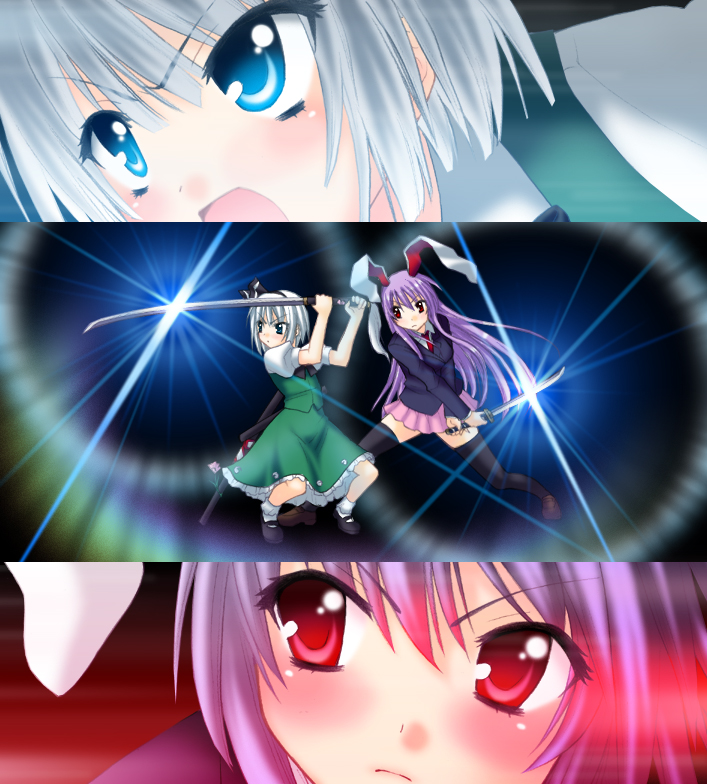 saki chisuzu, konpaku youmu, reisen udongein inaba, touhou, black legwear, silver hair, white legwear, 2girls, animal ears, blue eyes, blush, bobby socks, female focus, full body, glint, holding, holding sword, holding weapon, katana, loafers, long hair, mary janes, miniskirt, multiple girls, open mouth, pink skirt, pleated skirt, purple hair, rabbit ears, red eyes, shoes, short hair, skirt, socks, sword, thighhighs, weapon, zettai ryouiki