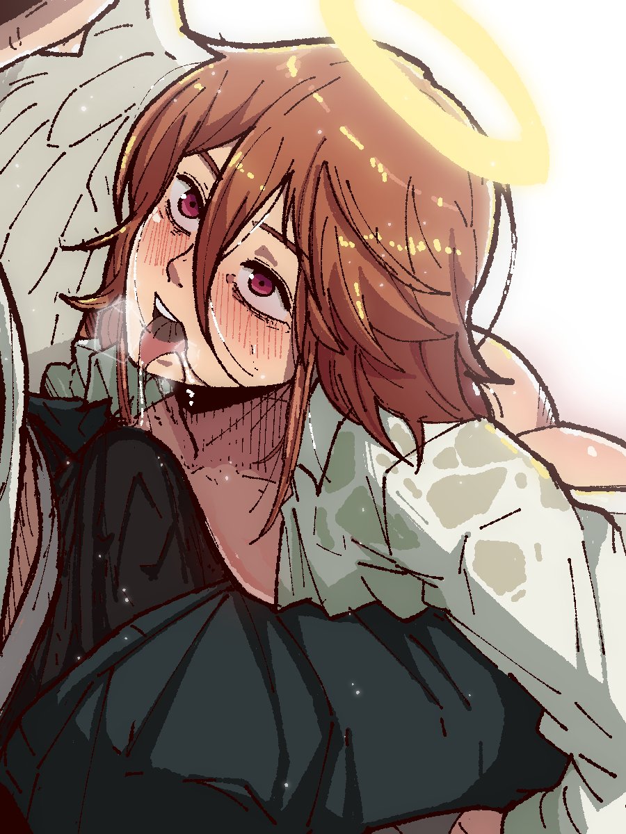 mark gavatino, angel devil (chainsaw man), chainsaw man, commentary, english commentary, highres, 2boys, ass, black male underwear, blush, bulge, collared shirt, denim, erection, erection under clothes, from below, hair between eyes, halo, jeans, long hair, looking at another, male focus, male underwear, multiple boys, open fly, pants, red eyes, saliva, shirt, simple background, sweaty clothes, tongue, tongue out, traditional halo, underwear, white background, white shirt, white wings, wings, yaoi