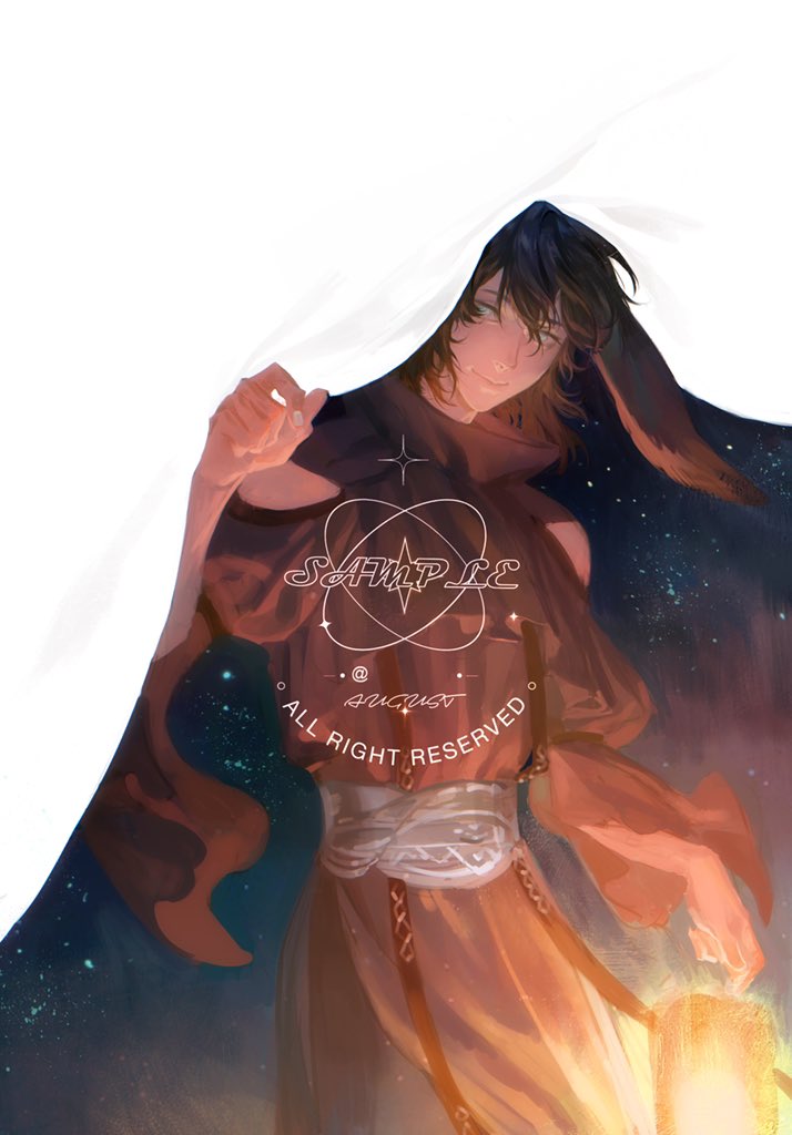 final fantasy, final fantasy xiv, 1boy, animal ears, blue eyes, brown hair, brown robe, curtains, fingernails, lantern, long sleeves, looking to the side, male focus, messy hair, puffy sleeves, rabbit ears, robe, sample watermark, short hair, smile, solo, star (symbol), suspenders, viera, watermark, yinbito