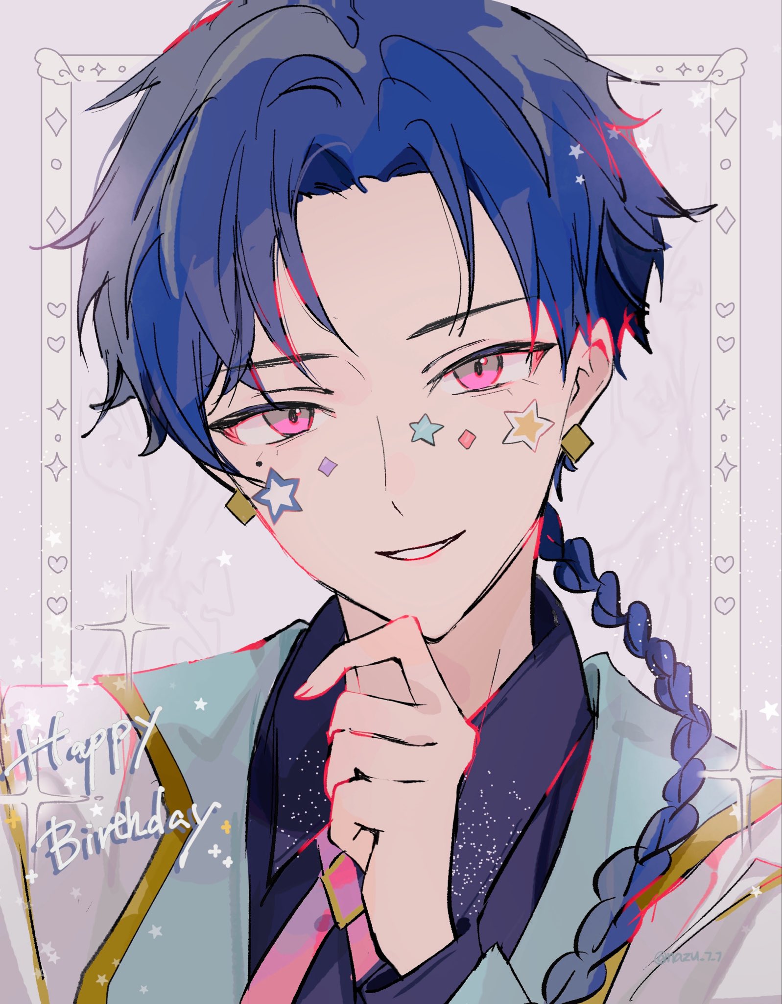 nazuna (nazuna su), fushimi yuzuru, ensemble stars!, commentary request, highres, 1boy, blue hair, braid, clenched teeth, collared shirt, cross tie, diamond (shape), earrings, hand up, happy birthday, heart, jewelry, long hair, looking at viewer, male focus, mole, mole under eye, pink eyes, shirt, smile, solo, star (symbol), teeth, upper body