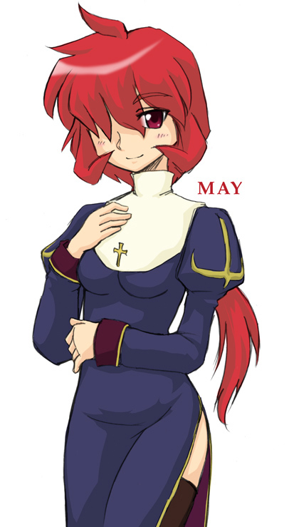 yazuma666, priest (ragnarok online), ragnarok online, commentary request, 1girl, 2000s (style), black thighhighs, blue dress, blush, breasts, closed mouth, cowboy shot, cross, dress, hair over one eye, hand on own chest, juliet sleeves, long hair, long sleeves, looking at viewer, medium breasts, puffy sleeves, red eyes, red hair, side slit, simple background, smile, solo, thighhighs, white background
