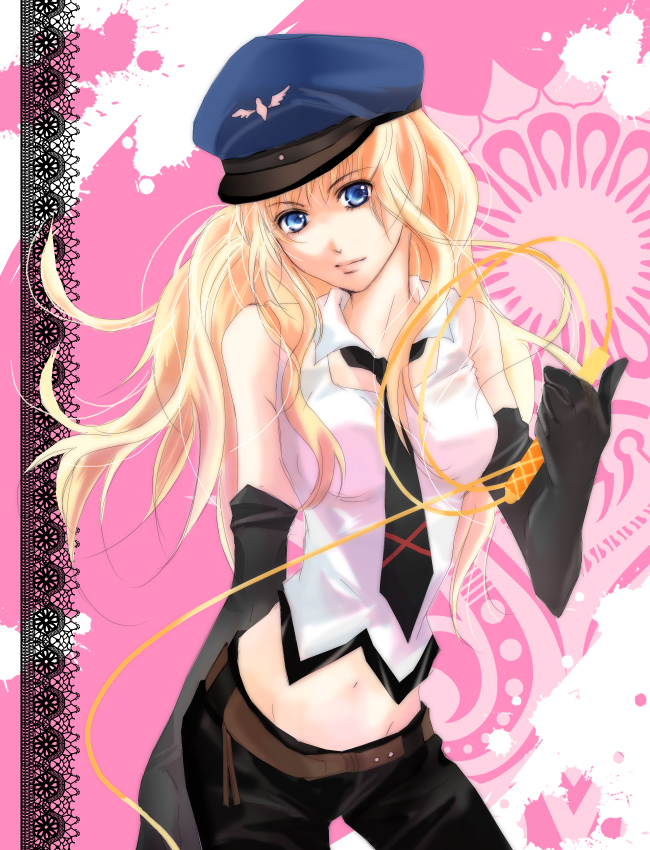 akebi (kakuri), sheryl nome, macross, macross frontier, bad id, bad pixiv id, 00s, hat, midriff, necktie, solo