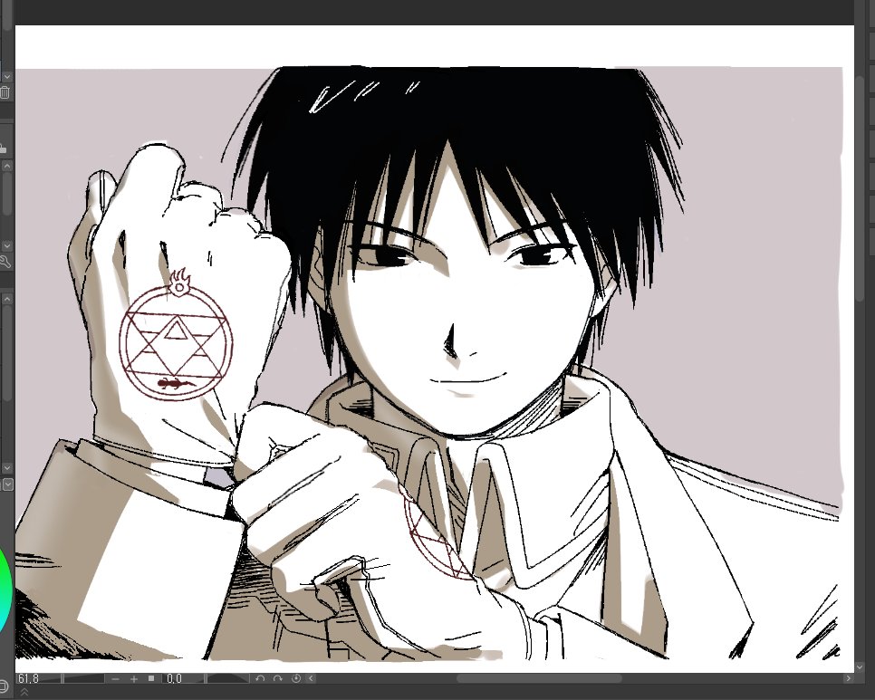 roy mustang, fullmetal alchemist, 1boy, adjusting clothes, adjusting gloves, art program in frame, black hair, clenched hand, coat, gloves, grey background, jacket, looking at viewer, ls182 520, male focus, military uniform, short hair, smile, smirk, solo, upper body, white gloves