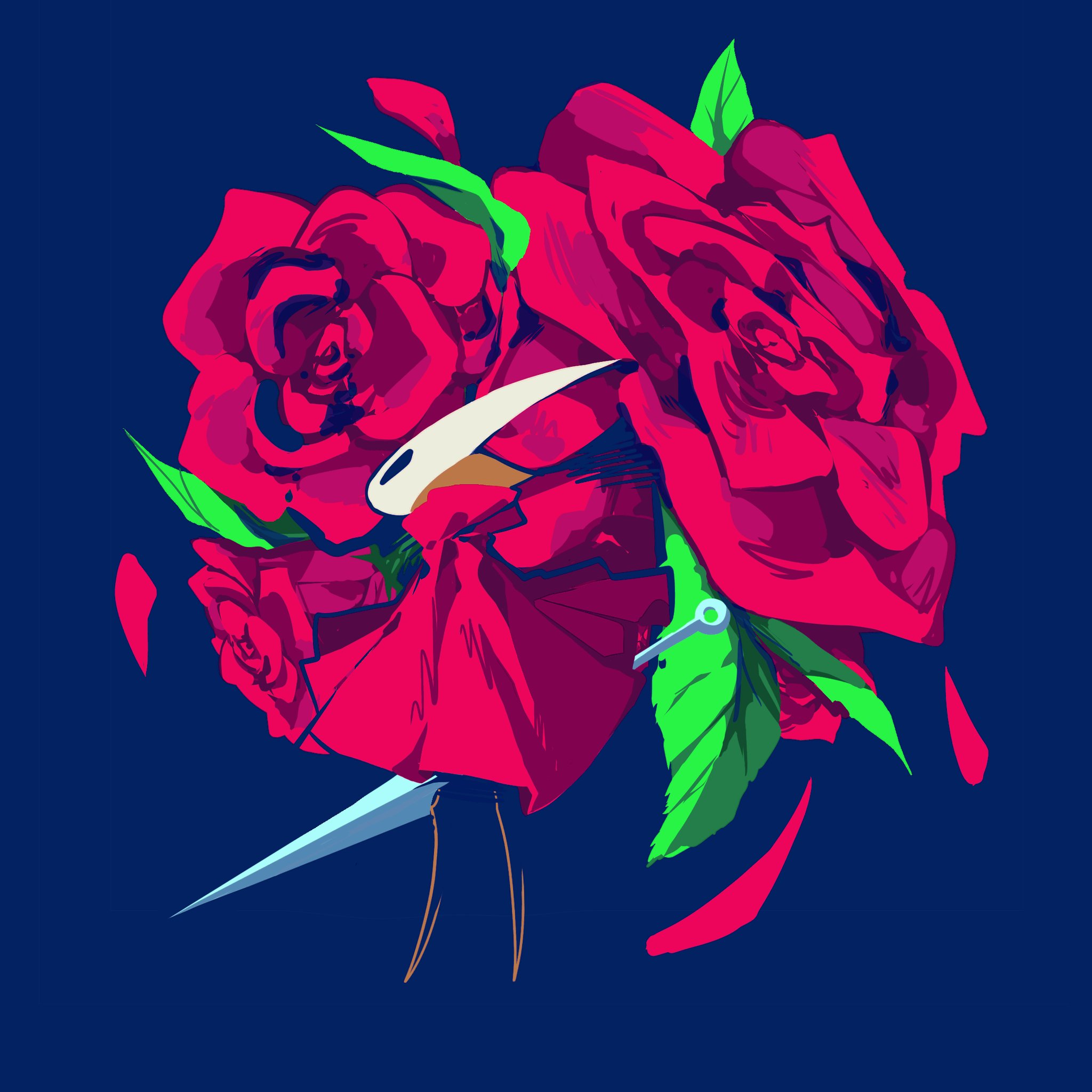 ocohc, hornet (hollow knight), hollow knight, hollow knight: silksong, highres, 1girl, arthropod girl, blue background, cloak, flower, hollow eyes, horned mask, horns, leaf, looking to the side, mask, needle (hollow knight), red cloak, red flower, red rose, rose, white mask