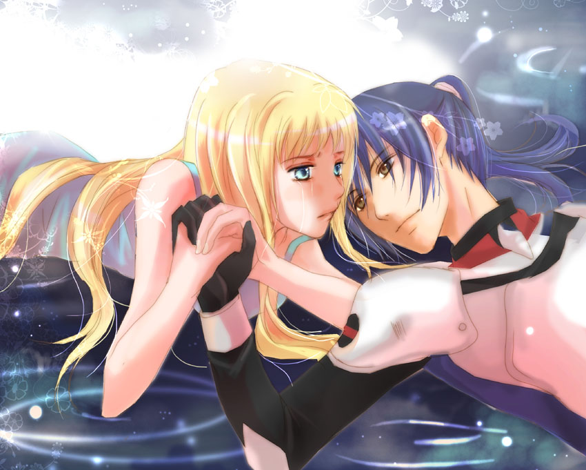 akebi (kakuri), saotome alto, sheryl nome, macross, macross frontier, 00s, 1boy, 1girl, couple, hand grab, hetero, holding hands, tears