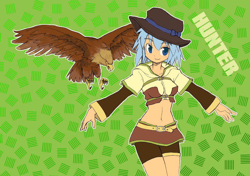 yazuma666, hunter (ragnarok online), ragnarok online, commentary request, 1girl, belt, bike shorts, bird, blue bow, blue eyes, blue hair, blush, bow, brown hat, brown shorts, brown skirt, character name, closed mouth, cowboy shot, falcon, green background, hat, hat bow, layered sleeves, long sleeves, looking at viewer, midriff, miniskirt, navel, shirt, short hair, short over long sleeves, short sleeves, shorts, shorts under skirt, skirt, smile, solo, white shirt, yellow belt