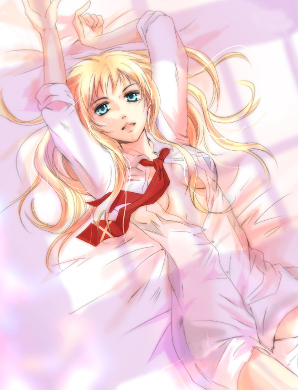 akebi (kakuri), sheryl nome, macross, macross frontier, 00s, 1girl, arms up, blonde hair, blue eyes, breasts, female focus, long hair, lying, necktie, no bra, on back, open clothes, open shirt, shirt, solo