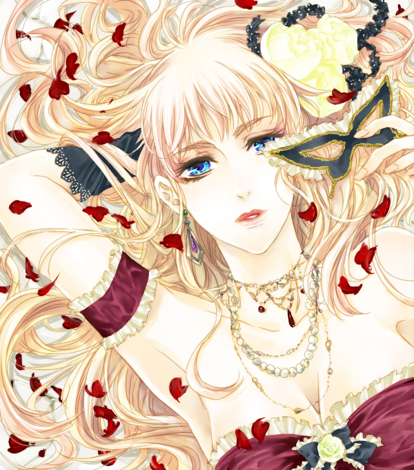 kyouko (pixiv), kyouko (roughplus), sheryl nome, macross, macross frontier, bad id, bad pixiv id, 00s, 1girl, animal, arm garter, blonde hair, blue eyes, breasts, bug, butterfly, cleavage, collarbone, domino mask, expressionless, female focus, flower, flying, frills, insect, lipstick, long hair, looking at viewer, lying, makeup, mask, on back, petals, solo, unworn mask, wings