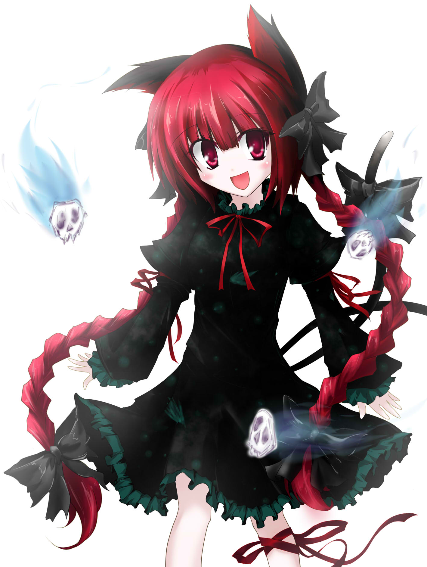 kanaria (fuusenkazura), kaenbyou rin, touhou, bad id, bad pixiv id, highres, 1girl, animal ears, braid, cat ears, cat girl, cat tail, female focus, hair ribbon, red hair, ribbon, simple background, skull, solo, standing, tail, twin braids, twintails, white background