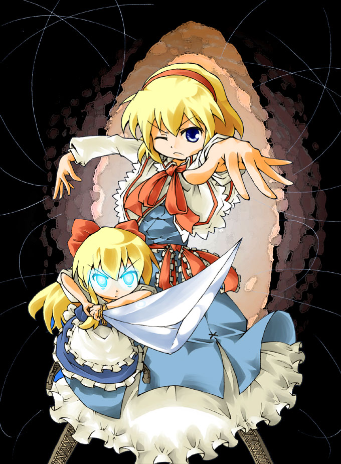 ara ta, harada (sansei rain), alice margatroid, shanghai doll, touhou, bad id, bad pixiv id, 1girl, blonde hair, blue eyes, doll, female focus, glowing, glowing eyes, hair ribbon, hairband, ribbon, short hair, solo, string, sword, weapon