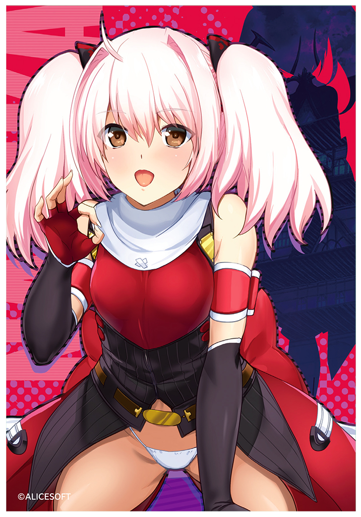 onigirikun, shihoudou narika, alice soft, choukou (alicesoft), choukou sennin haruka, official art, 1girl, bare shoulders, blush, breasts, brown eyes, copyright name, fingerless gloves, gloves, kneeling, ninja, ok sign, open mouth, panties, pink hair, short hair, small breasts, solo, twintails, underwear, white panties