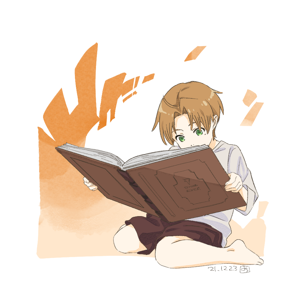 saitou yoshiko, rudeus greyrat, mushoku tensei, 1boy, ahoge, barefoot, book, brown hair, green eyes, holding, holding book, mole, mole under eye, reading, solo, solo focus, white background