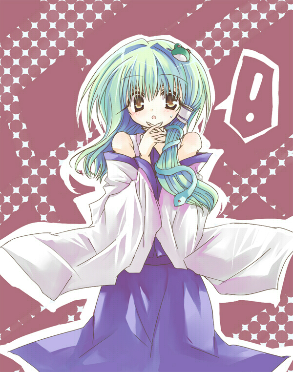 bikkuameron, kochiya sanae, touhou, bad id, bad pixiv id, 1girl, bare shoulders, brown eyes, detached sleeves, female focus, green hair, japanese clothes, long hair, miko, snake, solo, standing