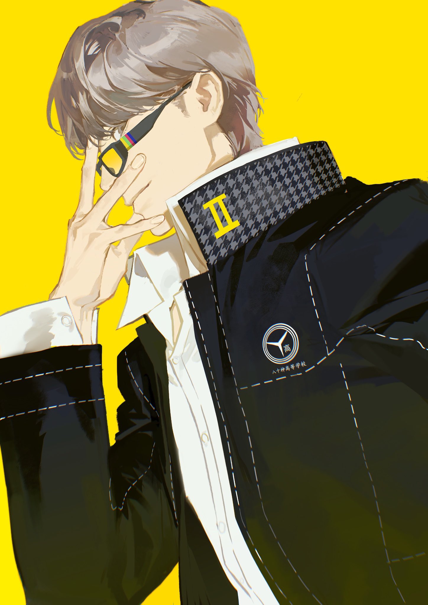 narukami yu, persona, persona 4, highres, 1boy, buttons, collared shirt, fingerless gloves, glasses, gloves, grey hair, long sleeves, looking at viewer, male focus, school uniform, shirt, short hair, simple background, solo, upper body, white shirt, yasogami school uniform, yellow background, yinbito