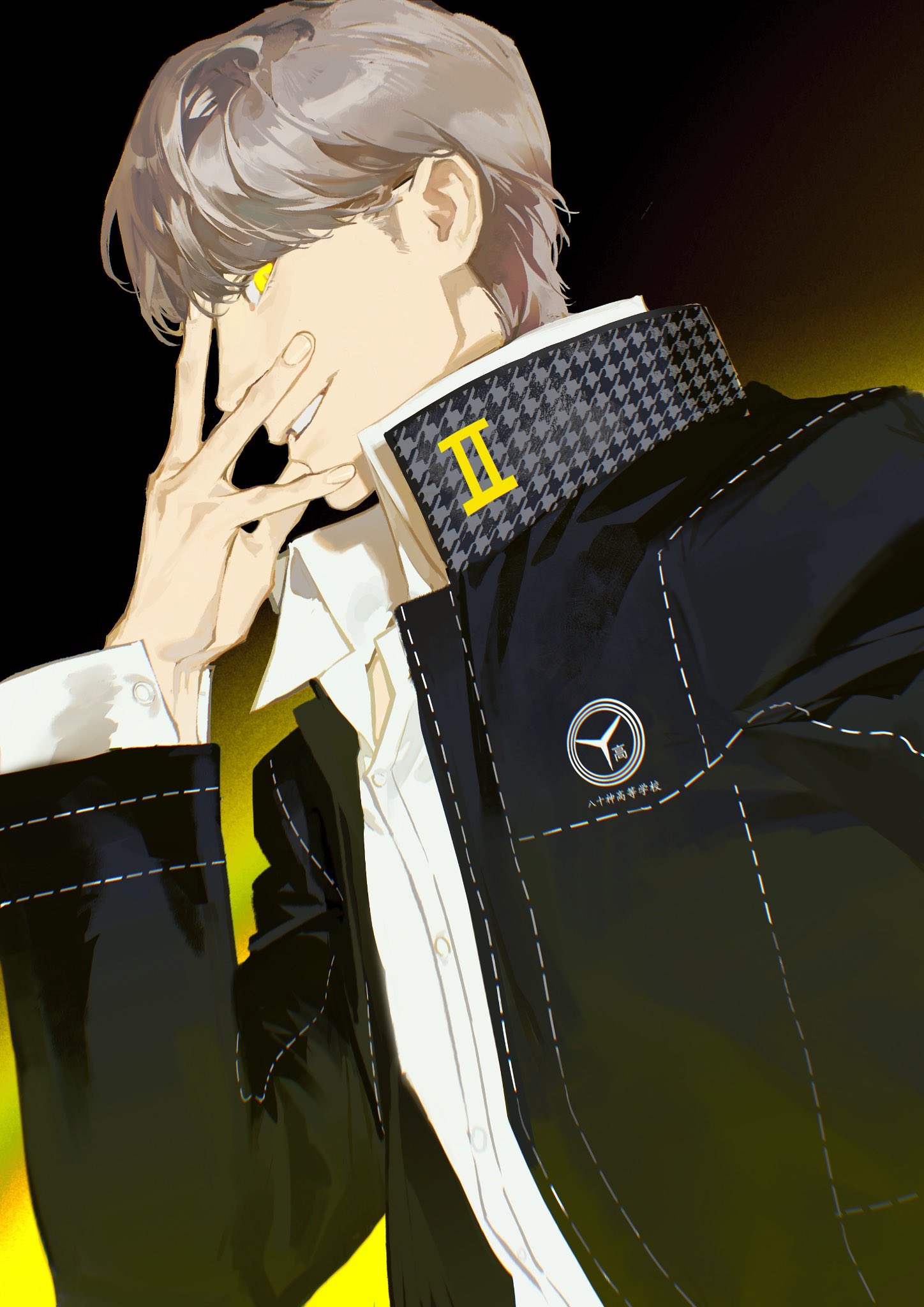 narukami yu, shadow yu, persona, persona 4, highres, 1boy, buttons, collared shirt, fingerless gloves, gloves, gradient background, grey hair, grin, long sleeves, looking at viewer, male focus, school uniform, shirt, short hair, simple background, smile, solo, upper body, white shirt, yasogami school uniform, yellow eyes, yinbito