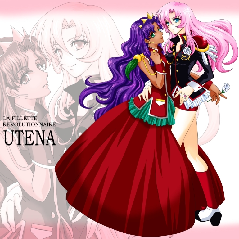 harumokoko, himemiya anthy, tenjou utena, shoujo kakumei utena, bad id, bad pixiv id, 1990s (style), 2girls, aiguillette, bike shorts, blue eyes, copyright name, dress, epaulettes, flower, gown, green eyes, long hair, multiple girls, pink hair, purple hair, rose, zoom layer