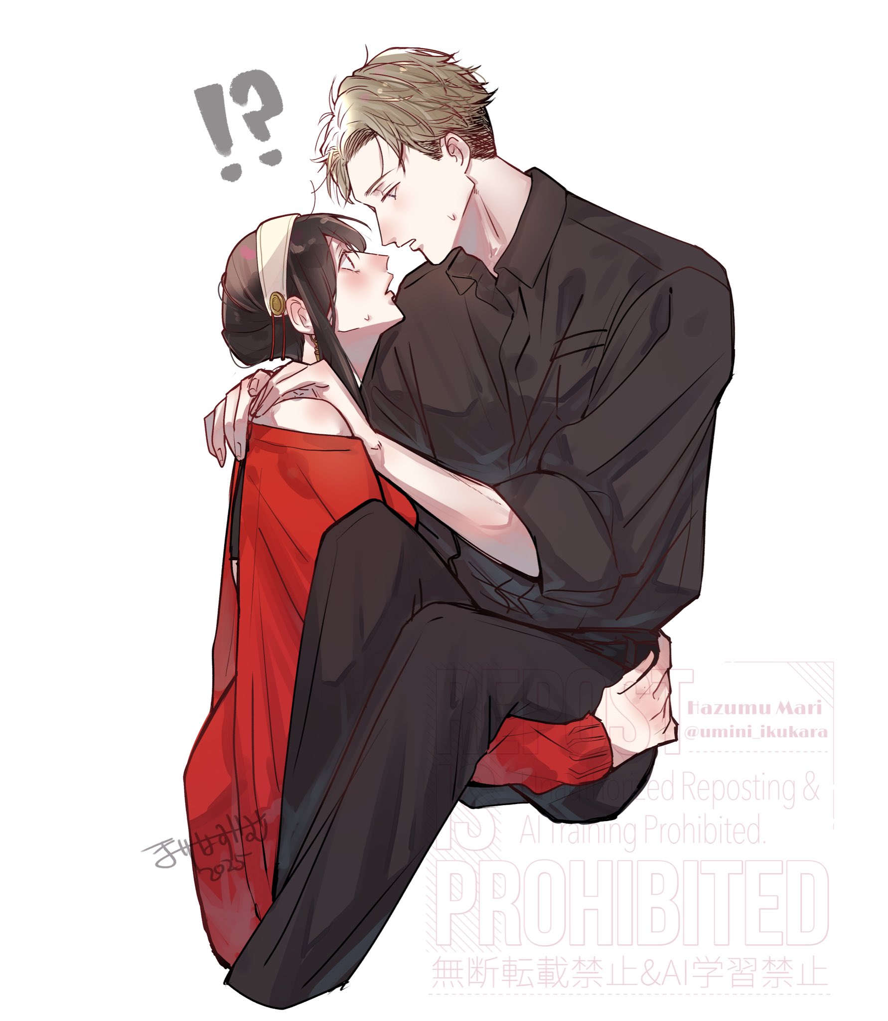 umini ikukara, twilight (spy x family), yor briar, spy x family, highres, !?, 1boy, 1girl, artist name, bare shoulders, black hair, black pants, black shirt, blonde hair, blush, breasts, carrying, collared shirt, couple, dress, hairband, hands on another's shoulders, hetero, long hair, looking at another, medium breasts, off-shoulder dress, off shoulder, pants, parted lips, princess carry, red dress, shirt, short hair, sidelocks, sleeves rolled up, sweatdrop, twitter username, updo, white background, white hairband