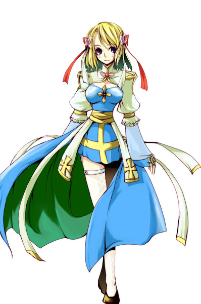 arch bishop (ragnarok online), ragnarok online, commentary request, 1girl, black shoes, blonde hair, blue dress, bow, breasts, cleavage cutout, closed mouth, clothing cutout, colored inner hair, cross, crossed legs, dress, fishnet thighhighs, fishnets, full body, green hair, hair bow, haruyama sorao, juliet sleeves, long sleeves, looking at viewer, medium breasts, multicolored hair, pink bow, puffy sleeves, purple eyes, sash, shoes, short hair, simple background, smile, solo, standing, thighhighs, two-tone dress, watson cross, white background, white dress, white thighhighs, yellow sash