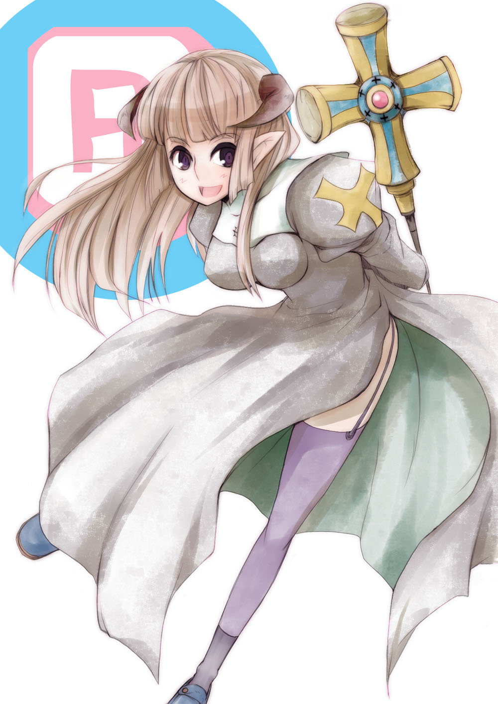 priest (ragnarok online), ragnarok online, commentary request, highres, 1girl, :d, alternate color, arms behind back, blunt bangs, breasts, brown horns, cross, dress, full body, garter straps, grey dress, haruyama sorao, holding, holding staff, horns, juliet sleeves, leaning forward, long hair, long sleeves, looking at viewer, medium breasts, open mouth, pointy ears, puffy sleeves, purple eyes, purple thighhighs, side slit, sidelocks, simple background, smile, solo, staff, thighhighs, white background