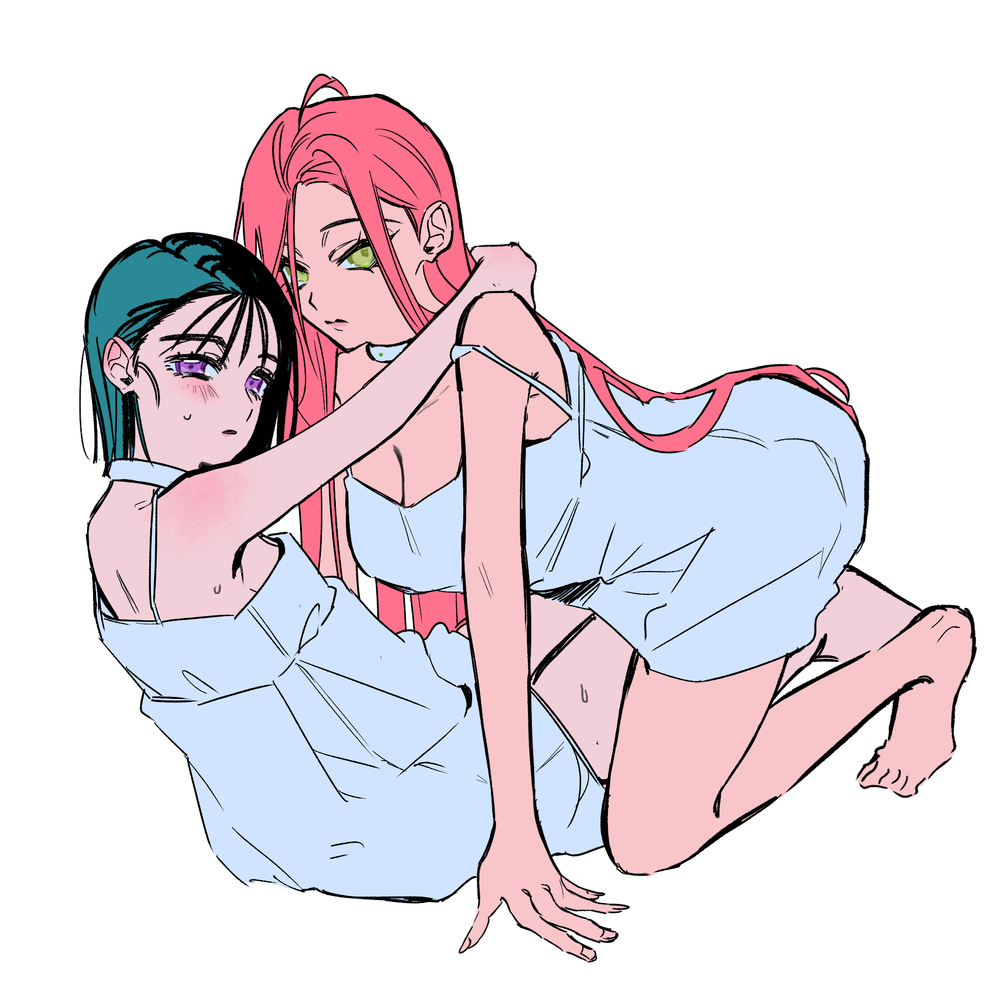 kyon (zmwh8222), mizi (alien stage), sua (alien stage), alien stage, commentary, highres, 2girls, barefoot, black hair, breasts, choker, cleavage, dress, long hair, looking at viewer, medium hair, multiple girls, pink hair, purple eyes, spaghetti strap, very long hair, white choker, white dress, yellow eyes, yuri