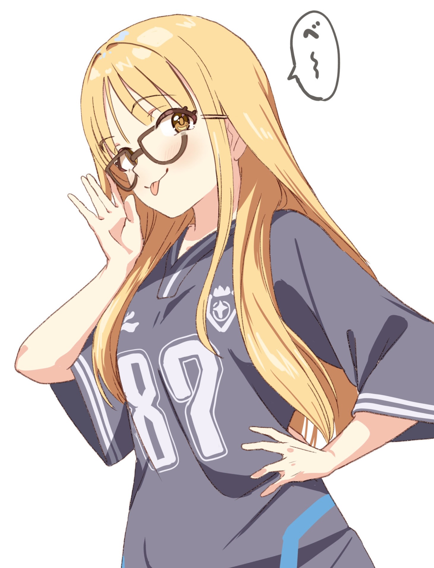 dededecopon, fujita kotone, gakuen idolmaster, idolmaster, commentary, highres, 1girl, black shirt, glasses, hair down, hand on own hip, shirt, short hair, simple background, solo, tongue, tongue out, white background, yellow eyes
