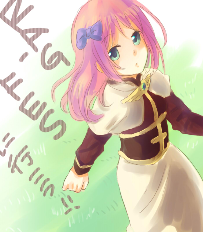 acolyte (ragnarok online), ragnarok online, commentary request, 1girl, bow, brown shirt, capelet, closed mouth, cowboy shot, expressionless, green background, green eyes, hair bow, jamco, long hair, long sleeves, looking at viewer, pink hair, purple bow, ragfes, shirt, skirt, solo, white capelet, white skirt