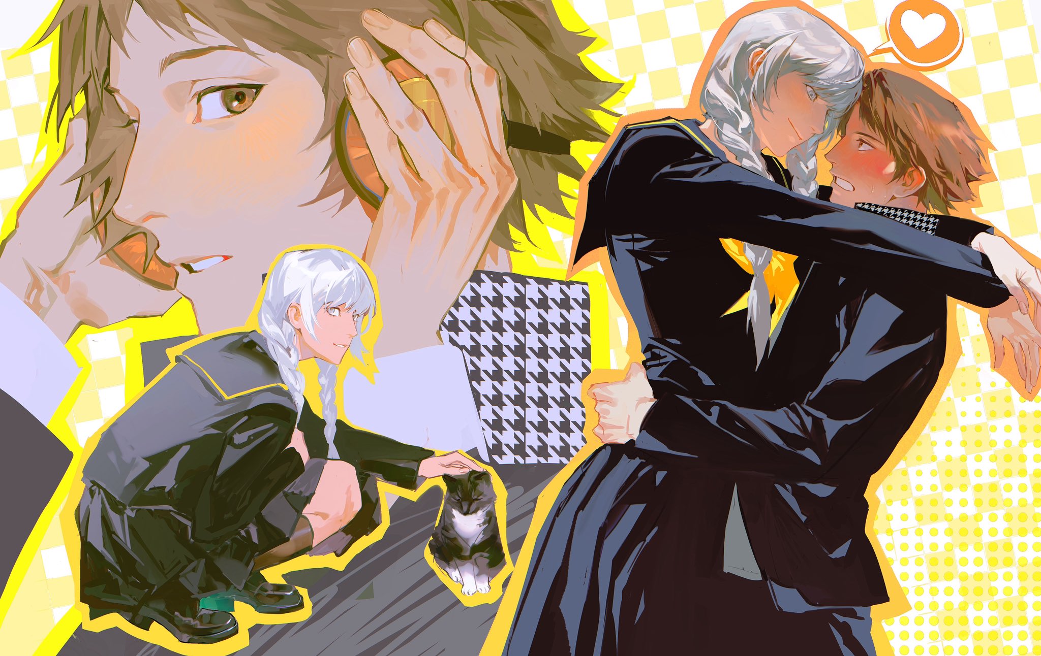 hanamura yousuke, narukami yu, persona, persona 4, hashtag-only commentary, highres, 2boys, adjusting headphones, animal, black skirt, blush, braid, brown hair, cat, crossdressing, crossdressing (mtf), embarrassed, grin, headphones, heart, hug, multiple boys, neckerchief, orange outline, outline, petting, pleated skirt, sailor collar, short hair, skirt, smile, speech bubble, spoken heart, twin braids, yaoi, yellow neckerchief, yellow outline, yinbito