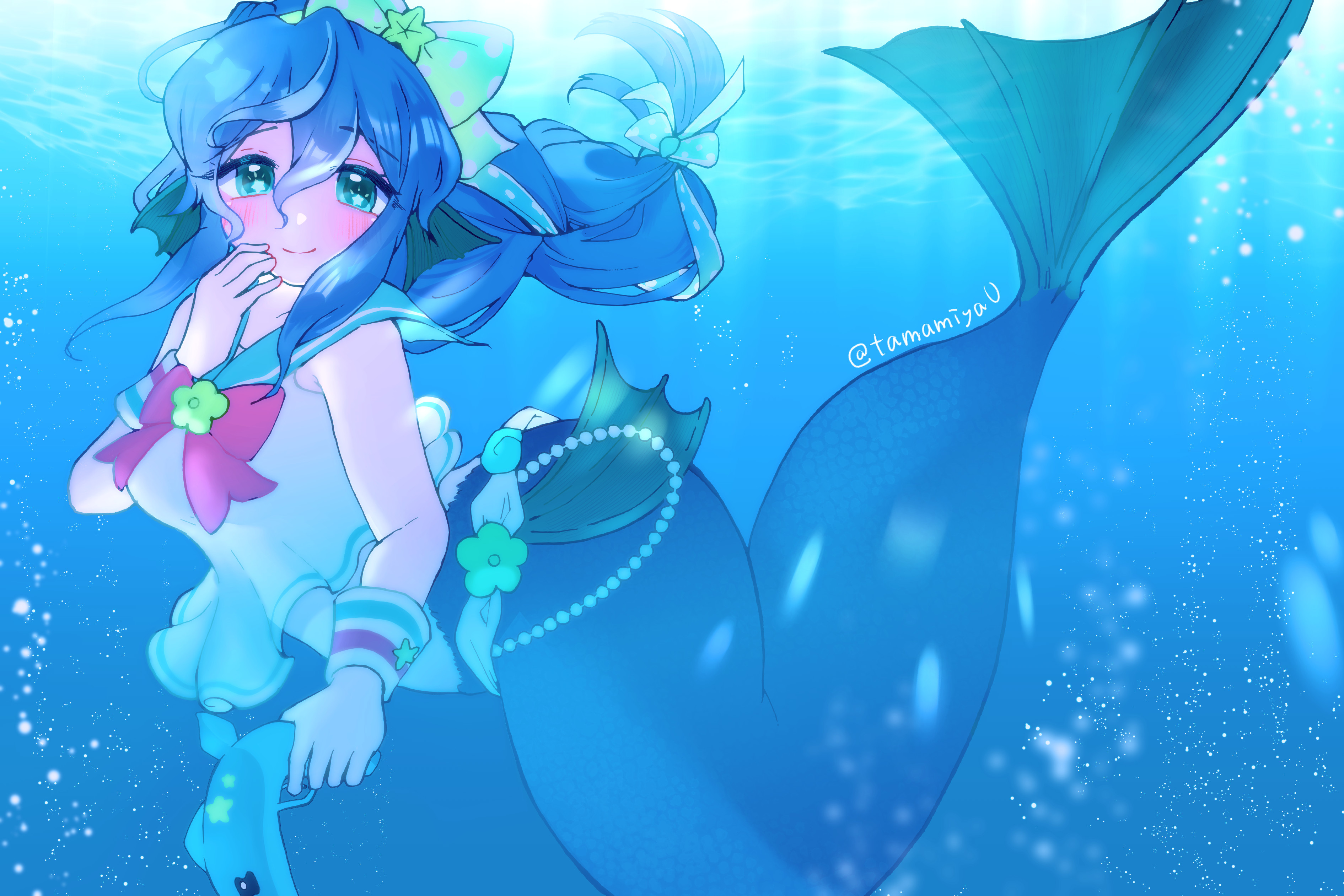 serilly (puyopuyo), madou monogatari, puyopuyo, absurdres, commentary request, highres, 1girl, blue sailor collar, blush, breasts, bubble, fins, green eyes, hair between eyes, hair ribbon, hand on own face, head fins, holding, holding water gun, light rays, looking at viewer, medium breasts, mermaid, monster girl, polka dot headwear, ponytail, ribbon, sailor collar, sailor shirt, shirt, signature, solo, star (symbol), star in eye, symbol in eye, tamamiyau, underwater, water gun, wristband