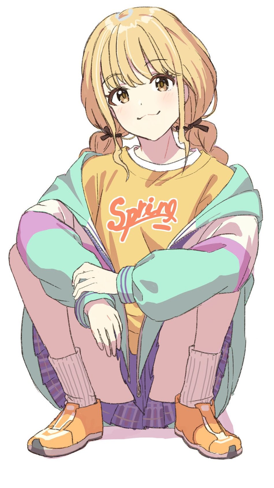 dededecopon, fujita kotone, gakuen idolmaster, idolmaster, highres, 1girl, blonde hair, blush, braid, closed mouth, long hair, long sleeves, plaid clothes, plaid skirt, pleated skirt, purple skirt, shirt, shoes, simple background, skirt, socks, solo, squatting, twin braids, white background, white socks, yellow eyes, yellow shirt, yellow shoes