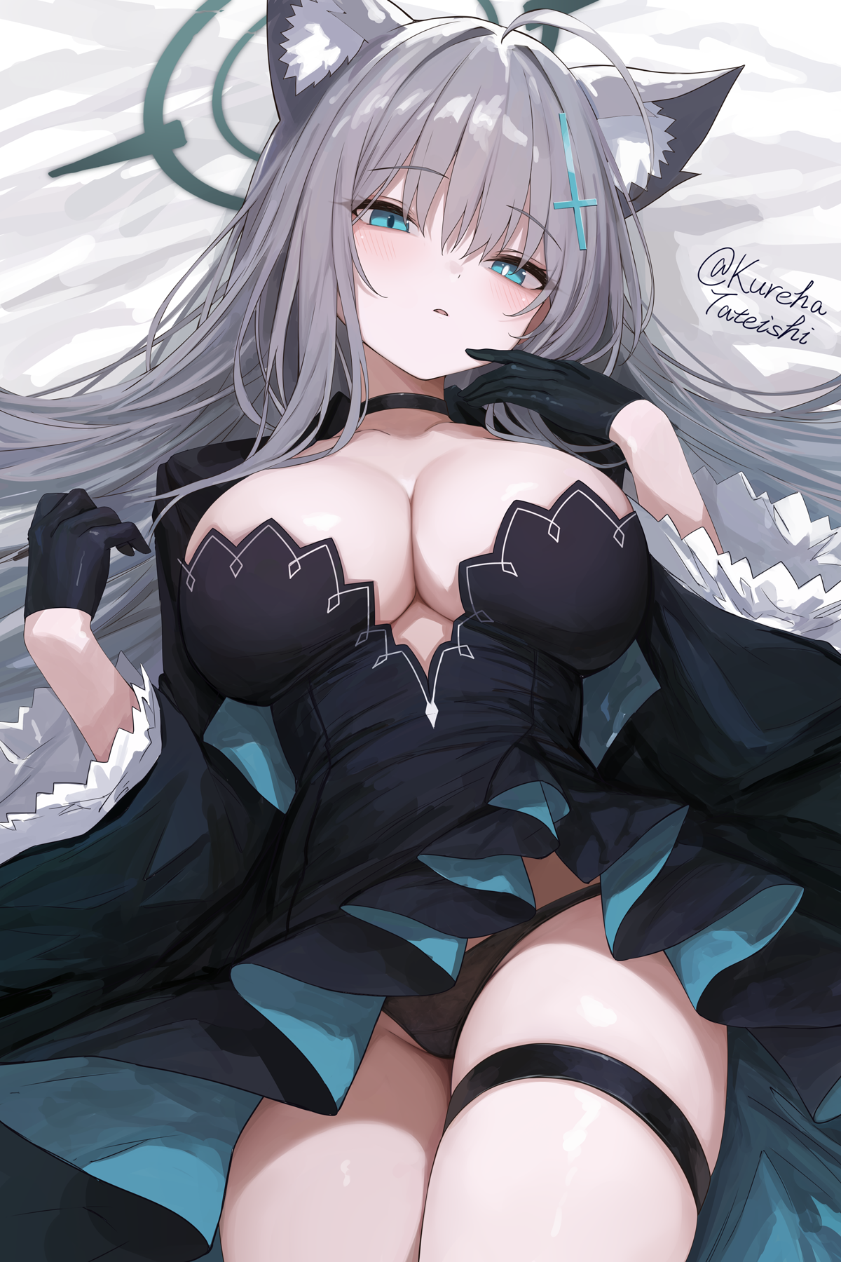 tateishi kureha, shiroko terror (blue archive), blue archive, highres, 1girl, animal ear fluff, animal ears, black choker, black dress, black gloves, black panties, blue eyes, breasts, choker, cross, cross hair ornament, dark halo, dress, gloves, grey hair, hair between eyes, hair ornament, halo, inverted cross, large breasts, long hair, looking at viewer, mismatched pupils, panties, solo, thigh strap, underwear, very long hair, wolf ears, wolf girl