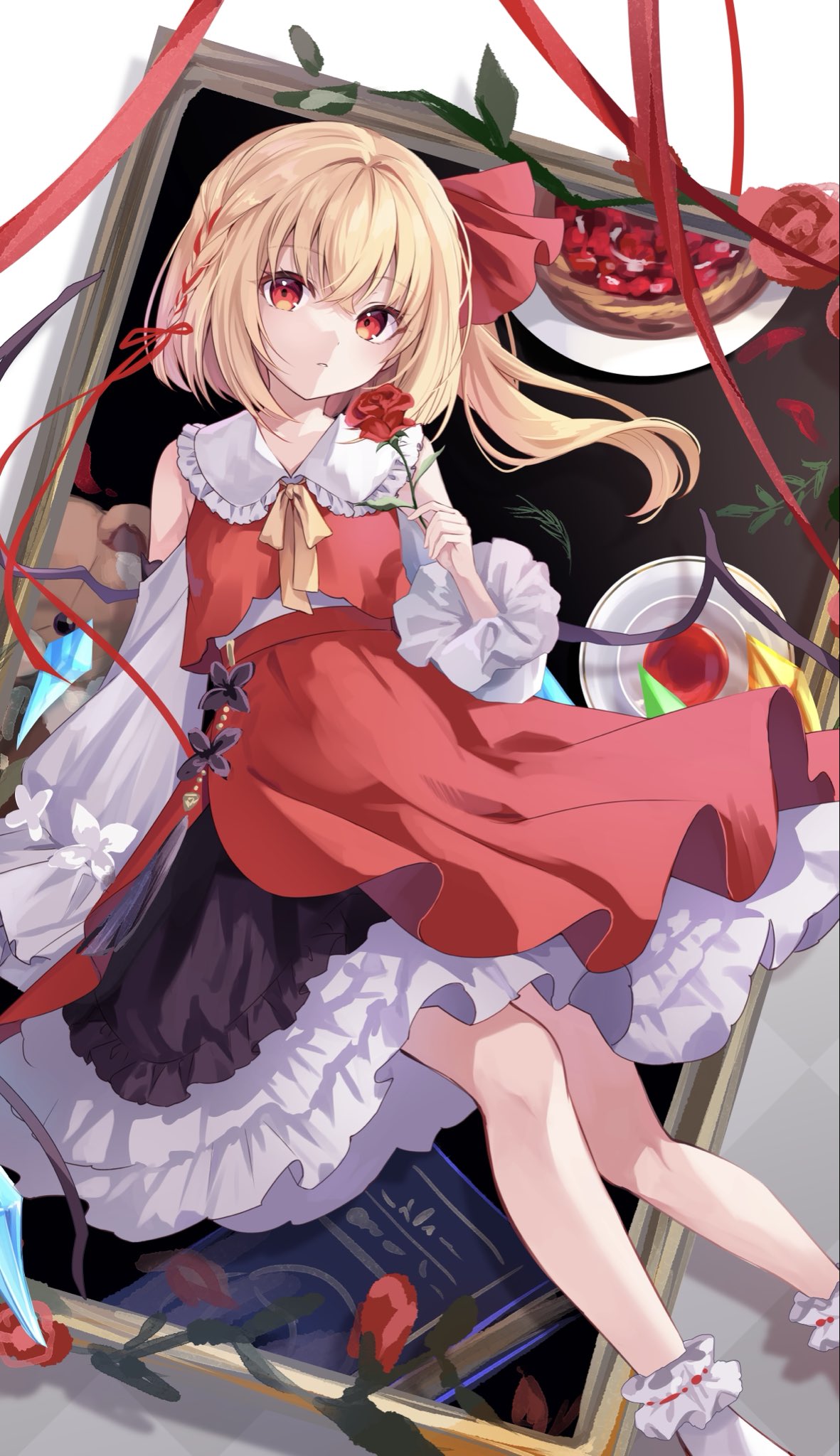 kure~pu, flandre scarlet, touhou, commentary request, highres, 1girl, adapted costume, bare shoulders, black skirt, blonde hair, braid, closed mouth, clothing cutout, collared shirt, crossed bangs, cup, flower, food, hair ribbon, holding, holding flower, layered skirt, long hair, long sleeves, looking at viewer, neck ribbon, picture frame, plate, red eyes, red ribbon, red skirt, red vest, ribbon, shirt, shoulder cutout, skirt, socks, solo, stuffed animal, stuffed toy, tart (food), teacup, teddy bear, two-tone skirt, vest, white shirt, white socks, wings, yellow ribbon