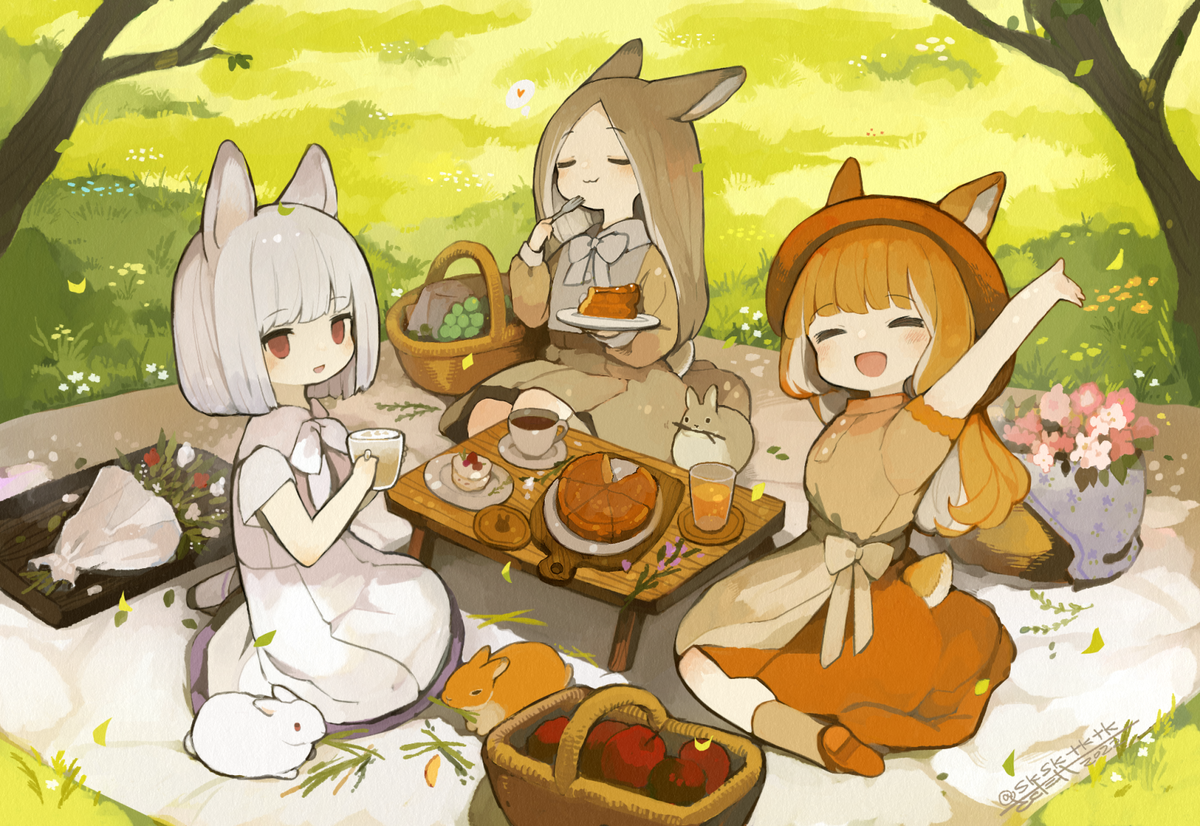 sakutake (ue3sayu), original, commentary request, highres, 3girls, :3, animal ears, apple, arm up, blanket, bouquet, brown dress, brown hair, cake, cake slice, closed eyes, colored inner hair, cup, dress, ears through headwear, facing viewer, flower, food, fork, fruit, full body, glass, grass, hat, holding, holding fork, holding plate, juice, looking at viewer, multicolored hair, multiple girls, open mouth, orange hair, orange skirt, outdoors, picnic, picnic basket, pink flower, plate, rabbit, rabbit ears, rabbit girl, red eyes, red flower, red hat, seiza, short sleeves, sitting, skirt, smile, table, teacup, tree, white dress, white flower, white hair