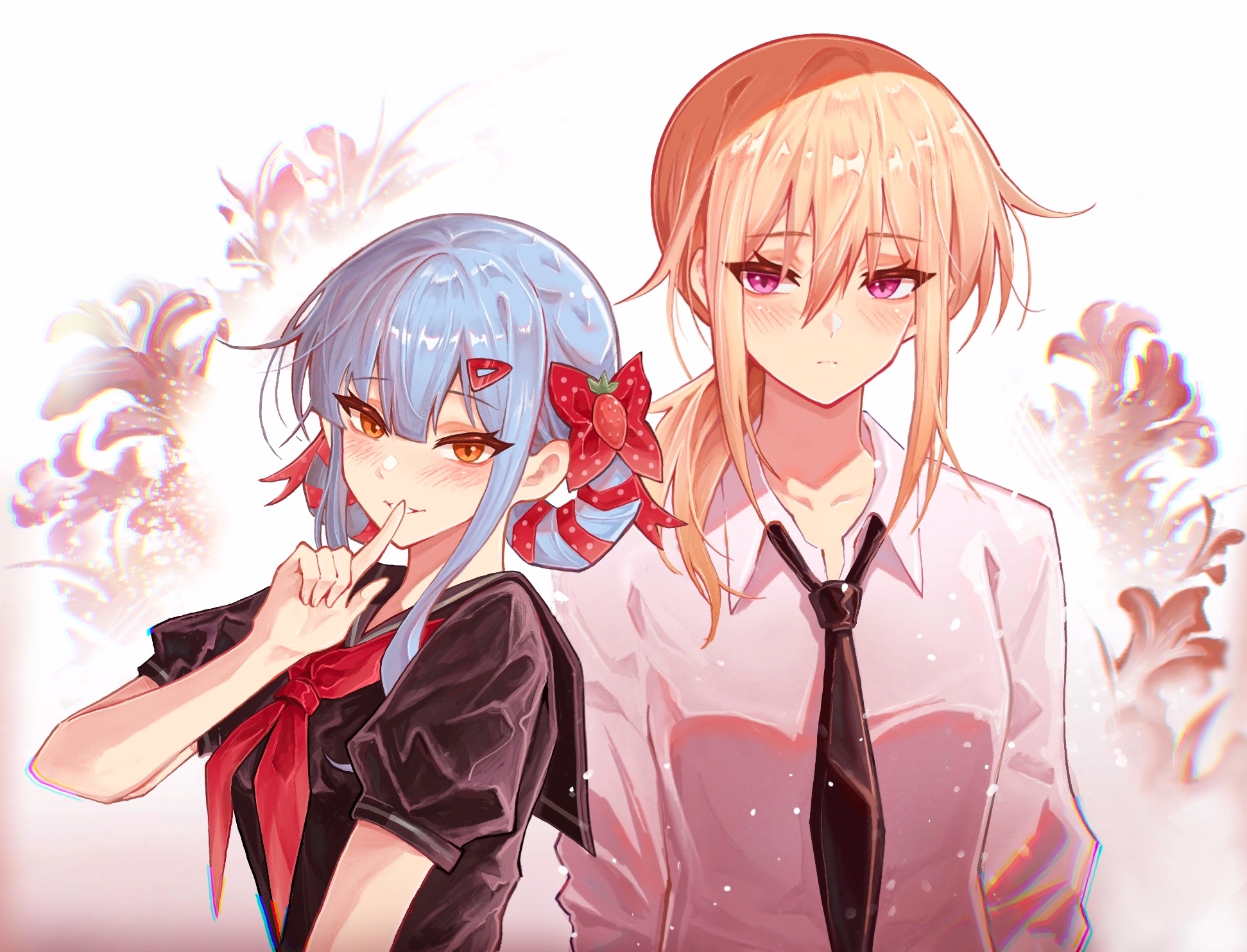 mulangfang, misumi uika, togawa sakiko, bang dream!, bang dream! it's mygo!!!!!, sweets paradise, chinese commentary, commentary request, highres, 2girls, black necktie, black sailor collar, black shirt, blonde hair, blue hair, blush, bow, finger to mouth, food, fruit, hair bow, hair ornament, hairclip, index finger raised, low ponytail, medium hair, multiple girls, neckerchief, necktie, ponytail, purple eyes, red bow, red neckerchief, sailor collar, school uniform, serafuku, shirt, short sleeves, shushing, strawberry, upper body, white shirt